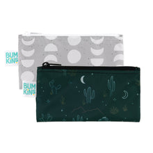 Load image into Gallery viewer, Bumkins Reusable Snack Bag, Small 2 Pack: Desert Night includes 2 waterproof bags—one grey with moon phases, another green with cacti and moons.
