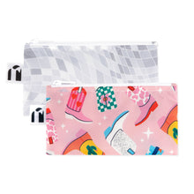 Load image into Gallery viewer, Roamio by Bumkins Reusable Snack Bag, Small 2 Pack: Disco Boots—2 waterproof pouches, one pink with cowboy boots, one gray &amp; white mosaic.
