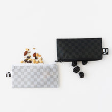 Load image into Gallery viewer, Nuts and blackberries spill from Roamio by Bumkins Reusable Snack Bag, Small 2 Pack: Rich &amp; Boujee on a white background.
