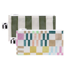 Load image into Gallery viewer, Roamio by Bumkins Reusable Snack Bag, Small 2 Pack: Motley Club—2 waterproof pouches, one with green &amp; white stripes, one with colorful squares.
