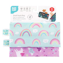 Load image into Gallery viewer, Bumkins Reusable Snack Bag, Small 2-Pack: Rainbows &amp; Unicorns is shown on a white packaging header.
