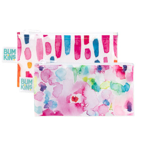 Bumkins Reusable Snack Bag, Small 2-Pack: Watercolor & Brush Strokes includes 2 waterproof zippered pouches with colorful watercolor designs.