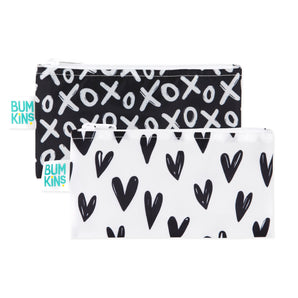 Bumkins Reusable Snack Bag, Small 2-Pack: XOXO & Hearts includes two zippered waterproof pouches with black & white prints.