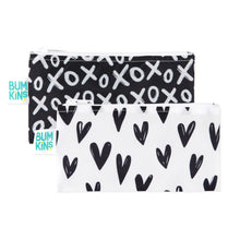 Load image into Gallery viewer, Bumkins Reusable Snack Bag, Small 2-Pack: XOXO &amp; Hearts includes two zippered waterproof pouches with black &amp; white prints.
