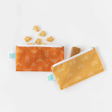Load image into Gallery viewer, Bumkins Reusable Snack Bag, Small 2-Pack: Sunshine and Grounded holds bunny-shaped crackers &amp; a granola bar on a white background.

