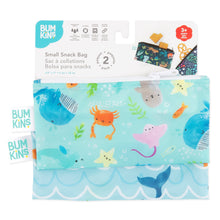 Load image into Gallery viewer, Bumkins Reusable Snack Bag, Small 2-Pack: Ocean Life &amp; Whale Tail is shown on a white packaging header.
