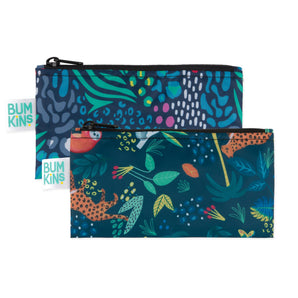 Bumkins Reusable Snack Bag, Small 2-Pack: Jungle & Animal Prints—2 zippered pouches with animal motifs on dark blue waterproof fabric.