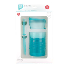 Load image into Gallery viewer, Bumkins Silicone Straw Cup with Lid: Blue is shown in a white packaging box, with a clear front window displaying the cup and straw.
