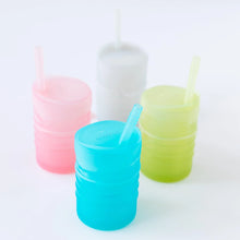 Load image into Gallery viewer, Four cups with straws, including Bumkins Silicone Straw Cup with Lid: Blue, sit on a white background.
