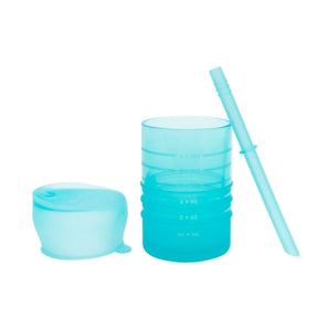 Bumkins Silicone Straw Cup with Lid: Blue is made of LFGB-grade silicone, with a lid, straw, and measurement markings.