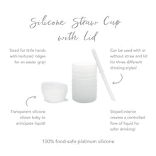 Load image into Gallery viewer, Infographic of Bumkins Silicone Straw Cup with Lid: 100% food-safe platinum silicone, sized for little hands, transparent silicone.
