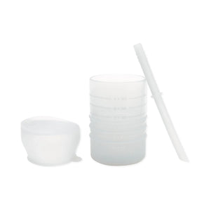 Bumkins Silicone Straw Cup with Lid: Gray features LFGB-grade silicone, includes measurements, lid, and straw.