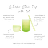 Infographic of Bumkins Silicone Straw Cup with Lid: 100% food-safe platinum silicone, sized for little hands, transparent silicone.