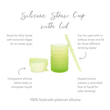 Load image into Gallery viewer, Infographic of Bumkins Silicone Straw Cup with Lid: 100% food-safe platinum silicone, sized for little hands, transparent silicone.
