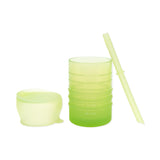 Bumkins Silicone Straw Cup with Lid: Sage features LFGB-grade silicone, lid and straw, and side measurements.