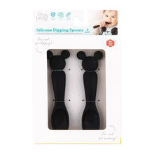 Load image into Gallery viewer, Bumkins Silicone Dipping Spoons: Mickey Mouse (Classic Black) are shown in a white packaging box with a front window displaying the spoons.
