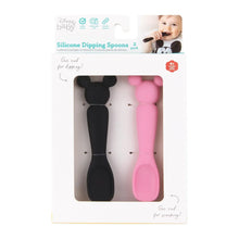 Load image into Gallery viewer, Bumkins Silicone Dipping Spoons: Minnie Mouse (Black and Pink) are shown in a white packaging box with a front window displaying the spoons.
