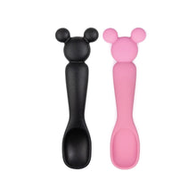 Load image into Gallery viewer, Bumkins Silicone Dipping Spoons: Minnie Mouse (Black and Pink) includes two food-safe silicone spoons with Minnie-shaped handle tips.
