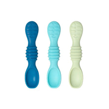 Load image into Gallery viewer, Bumkins Silicone Dipping Spoons 3 Pack: Gumdrop includes 3 silicone spoons in dark blue, light blue, and light green with textured handles.
