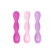 Load image into Gallery viewer, Bumkins Silicone Dipping Spoons 3 Pack: Lollipop includes 3 silicone spoons in fuchsia, pink, and lavender with textured handles.
