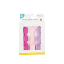 Load image into Gallery viewer, Bumkins Silicone Dipping Spoons 3 Pack: Lollipop is shown in a white packaging box with a clear front window displaying the spoons.
