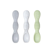 Load image into Gallery viewer, Bumkins Silicone Dipping Spoons 3 Pack: Taffy includes 3 silicone spoons in gray, marble, and light green with textured handles.
