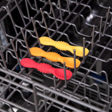 Load image into Gallery viewer, Bumkins Silicone Dipping Spoons 3 Pack: Tutti-Frutti sits in the top rack of an open dishwasher.
