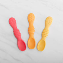 Load image into Gallery viewer, Bumkins Silicone Dipping Spoons 3 Pack: Tutti-Frutti lie on a white marble background.
