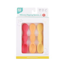 Load image into Gallery viewer, Bumkins Silicone Dipping Spoons 3 Pack: Tutti-Frutti is shown in a white packaging box with a clear front window displaying the spoons.
