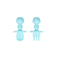 Load image into Gallery viewer, Bumkins Silicone Chewtensils®: Blue—two blue utensils with rounded handles made from 100% food-safe silicone.
