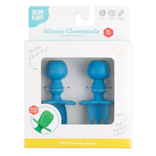 Load image into Gallery viewer, Bumkins Silicone Chewtensils®: Dark Blue are shown in a white packaging box, with a clear front window displaying the product.
