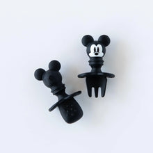 Load image into Gallery viewer, Bumkins Silicone Chewtensils®: Mickey Mouse are displayed on a white background with one face-down, showcasing sensory bumps on the back.
