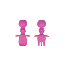 Load image into Gallery viewer, Bumkins Silicone Chewtensils®: Fuchsia—two dark pink utensils with rounded handles made from 100% food-safe silicone.
