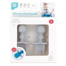 Load image into Gallery viewer, Bumkins Silicone Chewtensils®: Gray are shown in a white packaging box, with a clear front window displaying the product.
