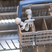 Load image into Gallery viewer, Bumkins Silicone Chewtensils®: Gray sits in the utensil compartment of an open dishwasher.
