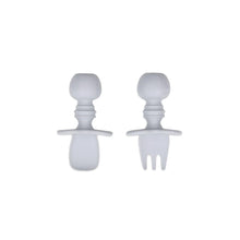 Load image into Gallery viewer, Bumkins Silicone Chewtensils®: Gray includes two gray utensils with rounded handles, made from 100% food-safe silicone.
