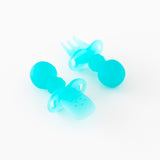 Bumkins Silicone Chewtensils®: Blue Jelly are displayed on a white background with one face-down, showcasing sensory bumps on the back.