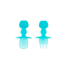 Load image into Gallery viewer, Bumkins Silicone Chewtensils®: Blue Jelly—a spoon and fork—ideal for teething or baby-led weaning.
