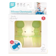 Load image into Gallery viewer, Bumkins Silicone Chewtensils®: Green Jelly are shown in a white packaging box, with a clear front window displaying the product.
