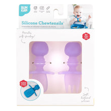 Load image into Gallery viewer, Bumkins Silicone Chewtensils®: Purple Jelly are shown in a white packaging box, with a clear front window displaying the product.
