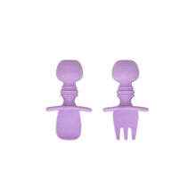 Load image into Gallery viewer, Bumkins Silicone Chewtensils®: Lavender—purple spoon &amp; fork with sensory bumps, made of food-safe silicone with rounded handles.
