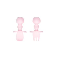 Load image into Gallery viewer, Bumkins Silicone Chewtensils®: Pink—two pink utensils with rounded handles made from 100% food-safe silicone.
