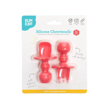 Load image into Gallery viewer, Bumkins Silicone Chewtensils®: Red are shown affixed to a white packaging card with a clear molded plastic front.
