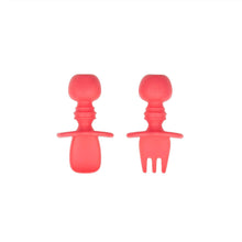 Load image into Gallery viewer, Bumkins Silicone Chewtensils®: Red includes two red utensils with rounded handles made from 100% food-safe silicone.
