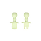 Bumkins Silicone Chewtensils®: Sage—two light green utensils with rounded handles made from 100% food-safe silicone.