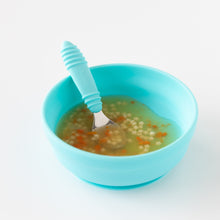 Load image into Gallery viewer, A bowl with soup &amp; pasta and a spoon from Bumkins Spoon + Fork: Blue sit on a white background.
