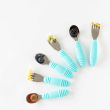 Load image into Gallery viewer, Three sets of Bumkins Spoon + Fork: Blue hold toddler-portioned bites of food on a white background.
