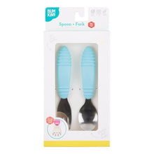 Load image into Gallery viewer, Bumkins Spoon + Fork: Blue is shown in a white packaging box with a clear front window displaying the set of utensils.
