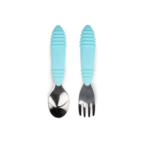 Bumkins Spoon + Fork: Blue includes two utensils with blue ribbed silicone handles and stainless steel heads.