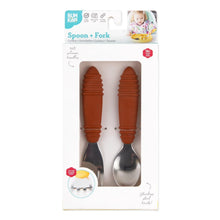 Load image into Gallery viewer, Bumkins Spoon + Fork: Clay is shown in a white packaging box with a clear front window displaying the set of utensils.
